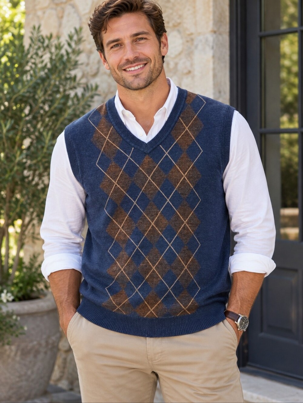 Vintage 90s Dockers Argyle Sweater Vest Navy Brown Preppy Academia V-Neck XL